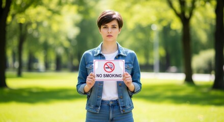 Young woman holding a 'No Smoking' placard in a park
