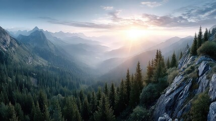 Obraz premium Serene mountain landscape with sunrise over pine forest and rocky cliffs under clear sky at morning