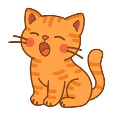Cute ginger tabby kitten yawning vector illustration on white background, pets concept.