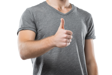 Young caucasian male giving thumbs up gesture in casual gray t-shirt, cut out