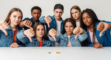 A group of teens showing thumbs down to a smoking cigarette