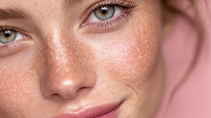 Fototapeta premium A woman with smooth and radiant skin is captured in a close-up shot. Her eyes are bright and expressive, beautifully highlighted against a soft pink background, emphasizing her natural allure