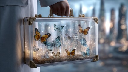 A person holding a clear glass briefcase filled with butterflies. Background: corporate skyscrapers. Concept of freedom vs corporate confinement.