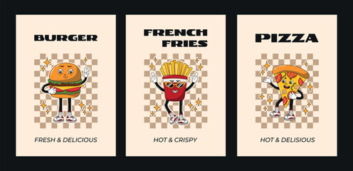 Groovy retro cartoon poster, card set with burger, pizza, french fries characters. Funky comic fast food mascots with smiling face. 60s, 70s, 80s hippie vector illustration for cafe, bar, restaurant.