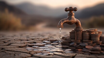 A rusty faucet mounted on a giant pile of coins in the middle of a dry desert. No water flows. Concept of wealth without sustainability.