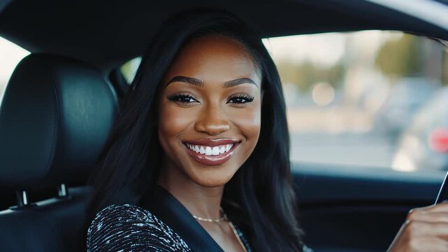 A joyful young woman with a bright smile is driving through a vibrant city, enjoying the sunny weather and the thrill of being on the road. She radiates happiness and confidence