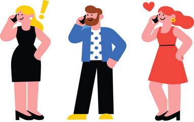Vector illustration of diverse people talking on mobile phones with cheerful expressions, communication concept, modern flat design, on white background, colorful casual characters