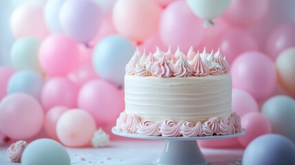 Happy birthday greeting and Birthday cake and inflatable balloons,invitation card template,congratulations,Festive cake concept.