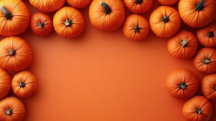 Top and bottom borders of small pumpkins with Halloween icons on a flat orange canvas 
