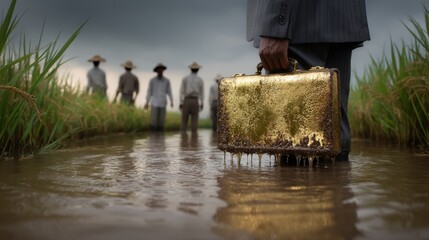 A businessman in a suit standing knee-deep in a rice field, holding a golden briefcase dripping mud. Behind him, farmers watch with puzzled expressions. Concept of wealth disconnect and rural economy.