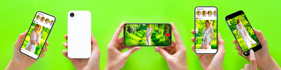 Set of different social media content mockups on screen of mobile phones