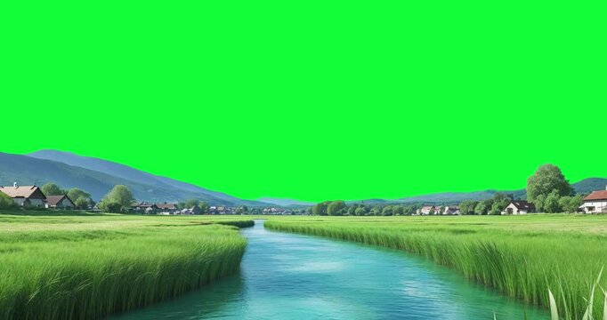 4K Animated Valley Village River Scene Green Screen - Idyllic Landscape Animation Chroma Key Sky for VFX, Film, and Serene Backgrounds - UHD Countryside Scene

