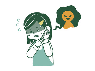 悪意のある電話を受けるエプロンを着用した女性