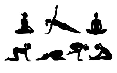 silhouette of yoga. silhouettes of yoga. Silhouttes of a woman. Silhoutte of a woman doing yoga. A collection of black vector silhouettes of women practicing various yoga poses. 