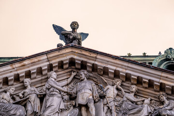 Naklejka premium The pediment of the Academy of Fine Arts sculpture Stieglitz College in St. Petersburg.