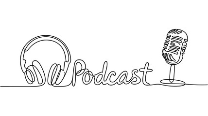 Retro microphone and headphones radio podcast concept simple continuous one line drawing  . Transparent background png file