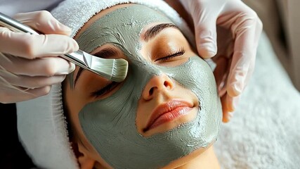 A skilled esthetician gently applies a nourishing clay mask to a client's face in a peaceful spa. The ambiance promotes relaxation and rejuvenation during this calming treatment session