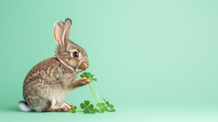 Fototapeta premium Rabbit Eating Fresh Clover on Mint Green Background with Copy Space – Cute Bunny Closeup for Pet and Nature Photography