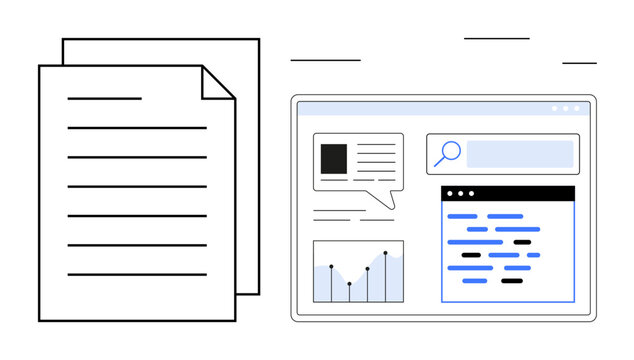 Modern interface with charts, search bar, and organized data alongside physical documents. Ideal for analytics, research, strategy, planning, data management, education simple landing page