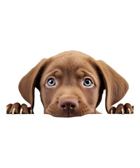 An adorable purebred Vizsla Peeking puppy, a cute brown Hungarian pointer, is isolated in a studio portrait
