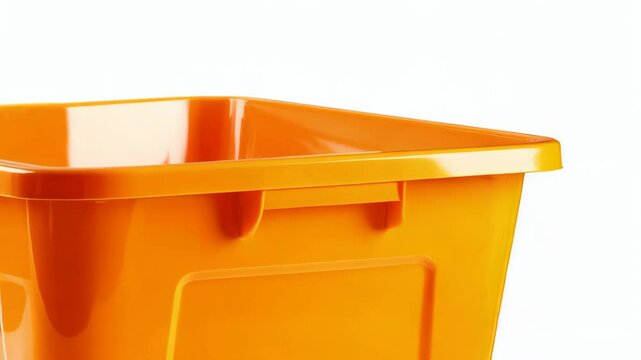Bright orange plastic storage container on a white surface, featuring molded handles and a robust, rectangular structure in high quality.