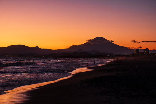 View of Mt. Fuji and ocean from Japanese beach