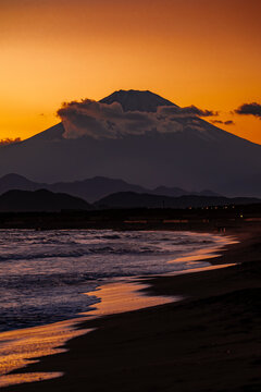 View of Mt. Fuji and ocean from Japanese beach