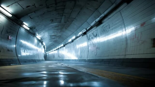 Eerie subterranean tunnel featuring white tiled walls, graffiti, and overhead fluorescent lighting, illuminated with a dim, mysterious atmosphere