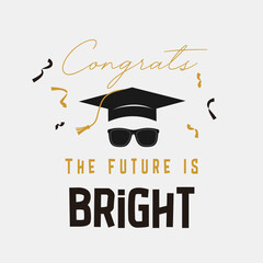 graduation greeting sign with academic cap and galsses. Vector design for invitations, banners, and celebration cards. Suitable for school and university events.