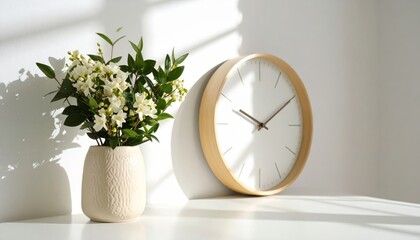Vintage business clock and flowers represent the precious morning hour