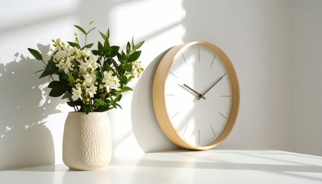 Vintage business clock and flowers represent the precious morning hour
