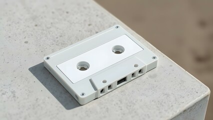 Obraz premium A nostalgic white cassette tape resting on a surface, evoking memories of retro music and vintage technology.