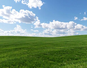 Rolling green field under a bright blue sky with fluffy white clouds