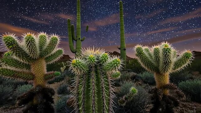 A lone cactus plant thrives in the desert under a bright blue sky, its thorny leafes and vibrant flowers defining the summer landscape