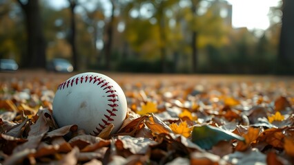 A baseball nestled among vibrant autumn leaves in a serene outdoor setting.