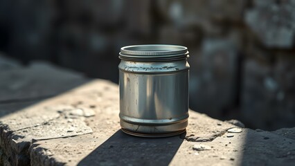 Naklejka premium A solitary metallic jar rests on a weathered surface, capturing light and shadows in a serene outdoor setting.