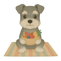 Adorable watercolor clipart of a gray Schnauzer dog sitting on a beach mat holding a fruit bowl. Perfect for summer, healthy living, kids products, beach themes, and playful pet illustrations.