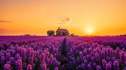 Naklejka premium Charming Farmhouse by a Lavender Field at Sunset - AI Generated