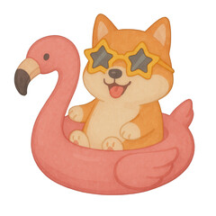 Adorable watercolor clipart of a Shiba Inu dog in a pink flamingo float, wearing star sunglasses. Perfect for summer, beach, pool party designs, greeting cards, and cute projects.