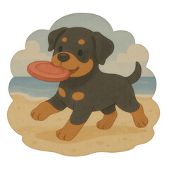 Adorable watercolor clipart of a rottweiler puppy joyfully running on the beach with a frisbee. Perfect for summer-themed kids products, pet illustrations, and playful printable decor.