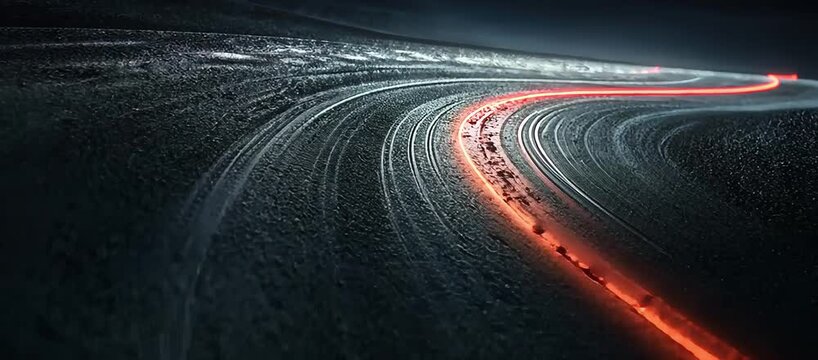 Futuristic glowing road line on dark asphalt curve
