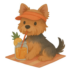 Adorable watercolor Yorkie dog wearing a visor hat and sipping juice with orange and pineapple. Perfect summer clipart for cards, stickers, and seasonal designs in kawaii style.