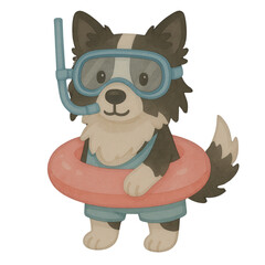 Adorable watercolor clipart of a dog wearing snorkeling gear, a swim ring, and a wetsuit. Perfect for summer designs, kids' crafts, beach-themed cards, and playful printable projects.