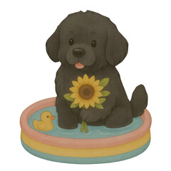 Cute Black Dog Holding Sunflower in Pool – Summer Watercolor Clipart with Duck Toy for Kids & Crafts