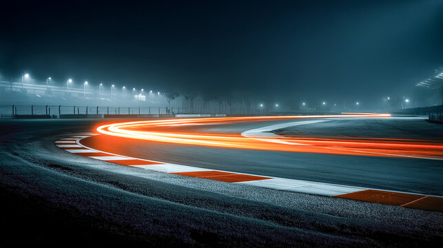 Nighttime long-exposure light trails on a racing circuit