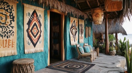 Beach house exterior with woven wall hangings and ocean view.