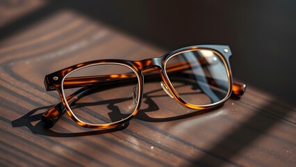 Stylish tortoiseshell glasses elegantly placed on a wooden surface, showcasing light and shadow interplay.