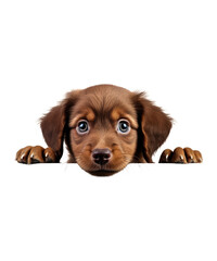 Cute brown dachshund puppy Peeking a purebred domestic animal, is isolated on a white background