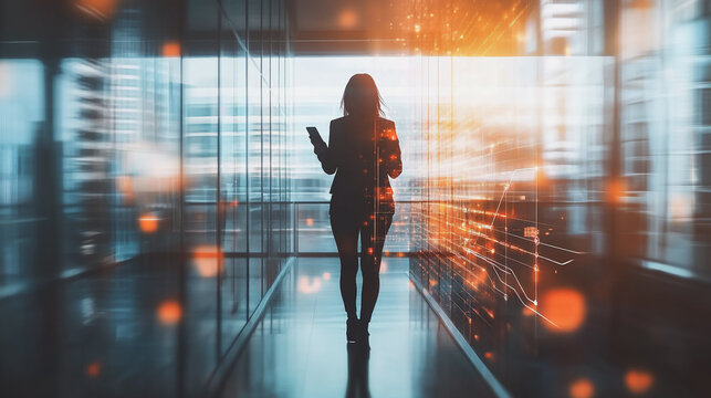 businesswoman used smartphon stands on the peak of success amid tall, innovative Smart city and graphs with statistics to analyze business potential and predict future developments in company growth.