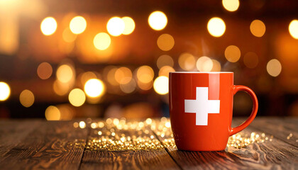 Swiss National Day celebration background with red and white balloons and festive confetti